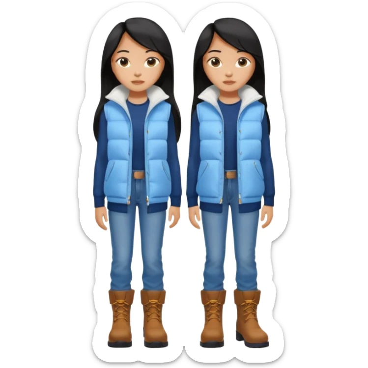 asin girl with black long slick backed hair wearing a dark blue long shirt and a puffy white sleeveless jacket on outside and light blue very baggy jeans with brown boots sticker