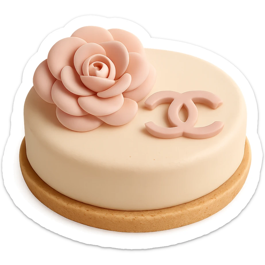 pastel fondant cake art style Chanel tart topped with a pink camellia flower and logo sticker
