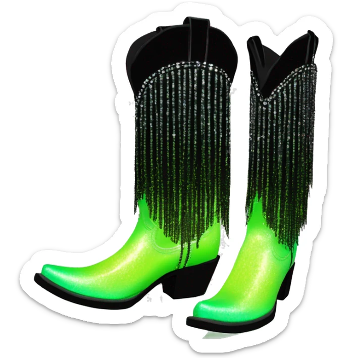 Realistic pastel lime green to black ombre pair of fashion cowgirl boots with sparkly shiny glitter fringe on them. sticker