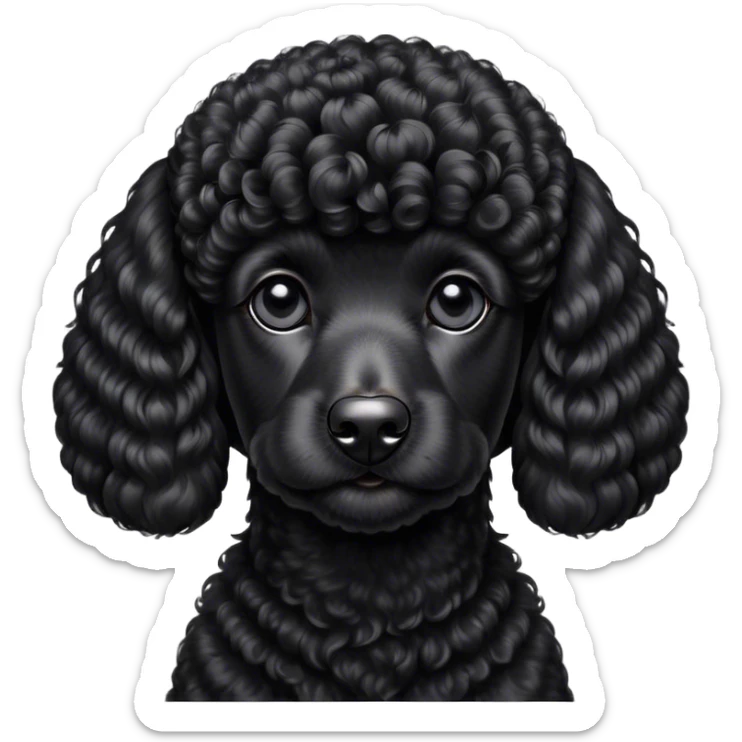 Cinematic Noble Black Poodle Portrait Emoji, Poised and regal, with a refined, elegant build and a meticulously groomed, curly jet-black Fur, deep-set soulful dark eyes, Simplified yet sharp and sophisticated features, highly detailed, glowing with a soft, dignified glow, high shine, intelligent and graceful, stylized with an air of sophistication, focused and attentive, soft glowing outline, capturing the essence of a watchful and confident companion, so majestic it feels as though it could prance out of the screen with effortless authority! sticker