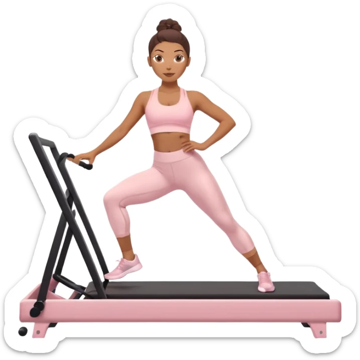 Mixed-race athletic woman with caramel skin, wearing pastel pink sports bra and leggings, doing Pilates on a reformer machine sticker