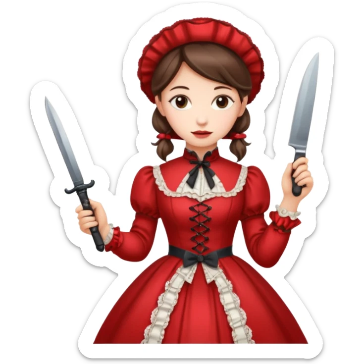 An emoji of a girl in red victorian dress with a knife in hand sticker