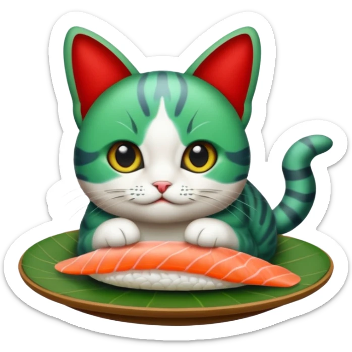 emoji di un gatto che tiene del sushi in mano, è verde con gli occhi azzurri ed un papillon rosso sticker