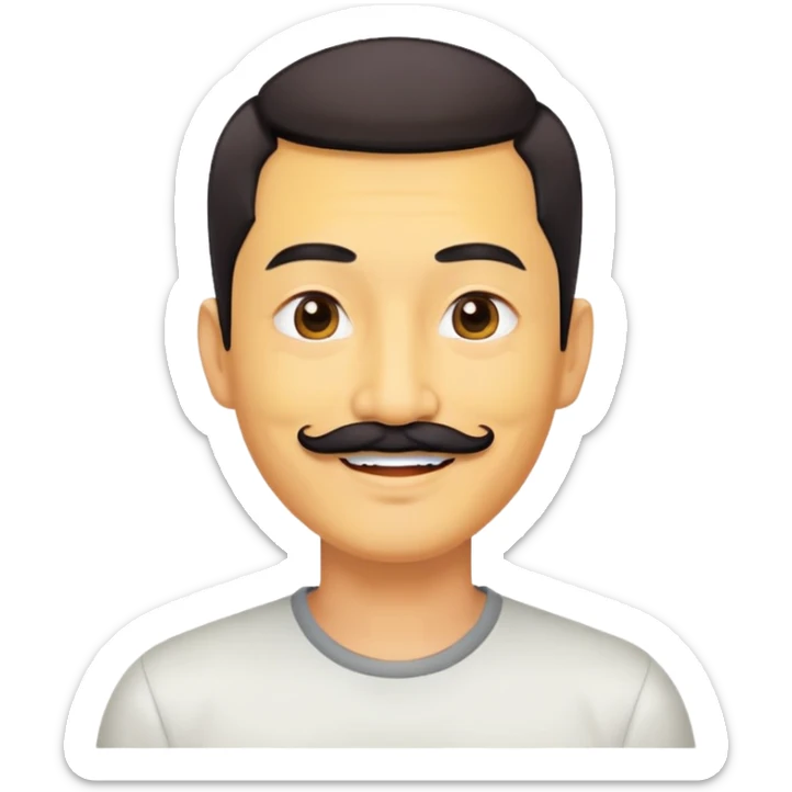 đàn ông 50 tuổi, da vàng, có ria mép màu đen, tóc undercut ngắn màu nâu, cười mỉm  sticker