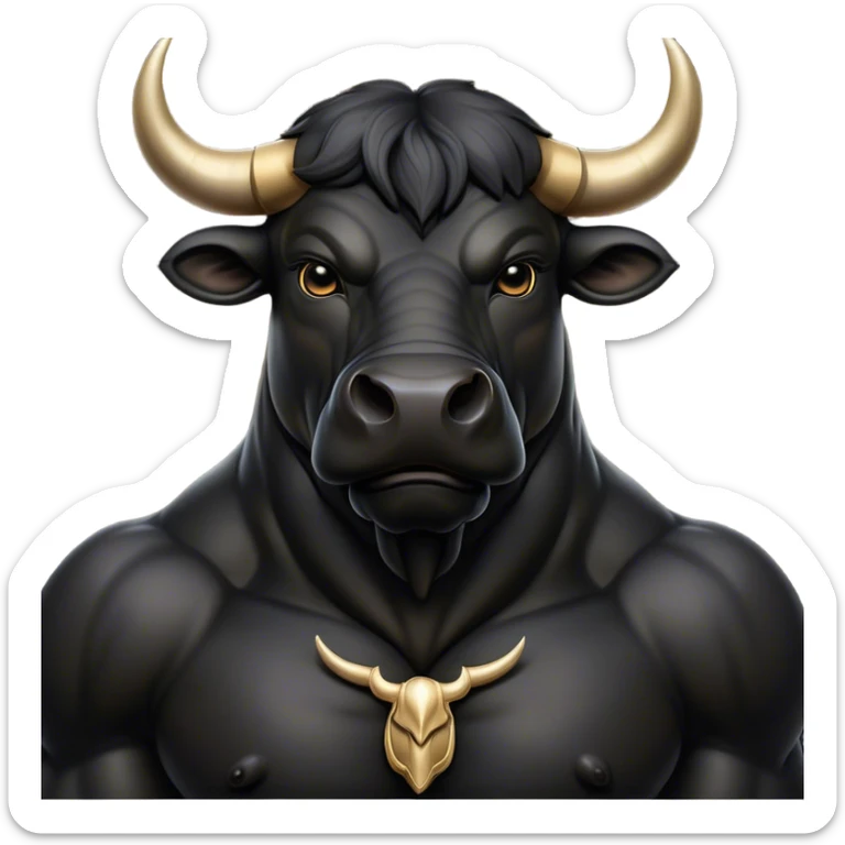 Cinematic Noble Black Bull Portrait Emoji, Poised and regal, with a massive, muscular build and a sleek, well-groomed pure black hide, deep-set soulful dark eyes, Simplified yet sharp and sophisticated features, highly detailed, glowing with a soft, dignified glow, high shine, intelligent and formidable, stylized with an air of strength, focused and attentive, soft glowing outline, capturing the essence of a watchful and confident guardian, so majestic it feels as though it could charge out of the screen with effortless authority! sticker