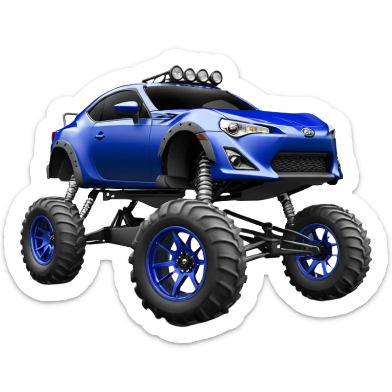 LCG Armored Dirty raced redneck jacked 2013 scion fr-s ultramarine off road 4wd monster truck style Baja dessert stadium rock racer number 86 with sophisticated long travel swing arm suspension, shiny silver wheels, exaggerated wide black fender flares and trailer  sticker