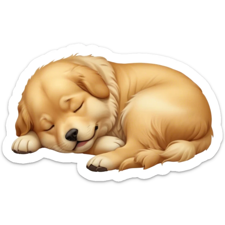 Cinematic Meme-Worthy Chubby Sleeping Golden Retriever Portrait Emoji, Head resting peacefully with a contented smile, showcasing a delightfully chubby build and a luxuriously soft golden coat, eyes shut in a serene nap, Simplified yet hilariously adorable features, highly detailed, glowing with a soft, drowsy light, high shine, relaxed and utterly lovable, stylized with an air of playful laziness, bright and heartwarming, soft glowing outline, capturing the essence of a comically sleepy companion, so meme-worthy it feels like it could instantly become the next viral sensation of adorable slumber! sticker