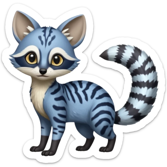 Snowy frosty Snow-lane derpy cute scary spooky graceful dark-blue-pointed Civet-Genet-Numbat-Ocelot--Ocicat-hybrid-fusion, full body, tufted short tail, long big ears, short muzzle, whiskers, random markings sticker