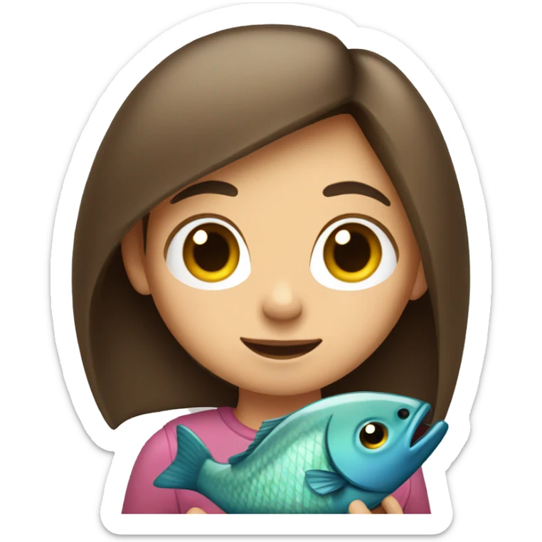 A girl with straight brown hair holds a fish in her arms sticker
