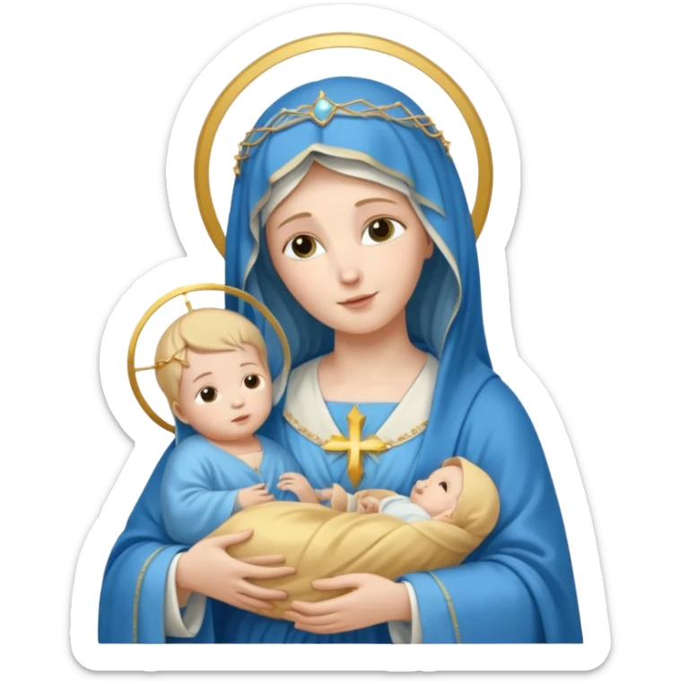 Virgin Mary in blue with gold halo holding baby Jesus sticker