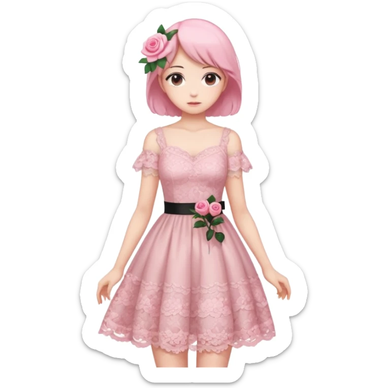 pastel anime woman with pink roses lace dress full body sticker