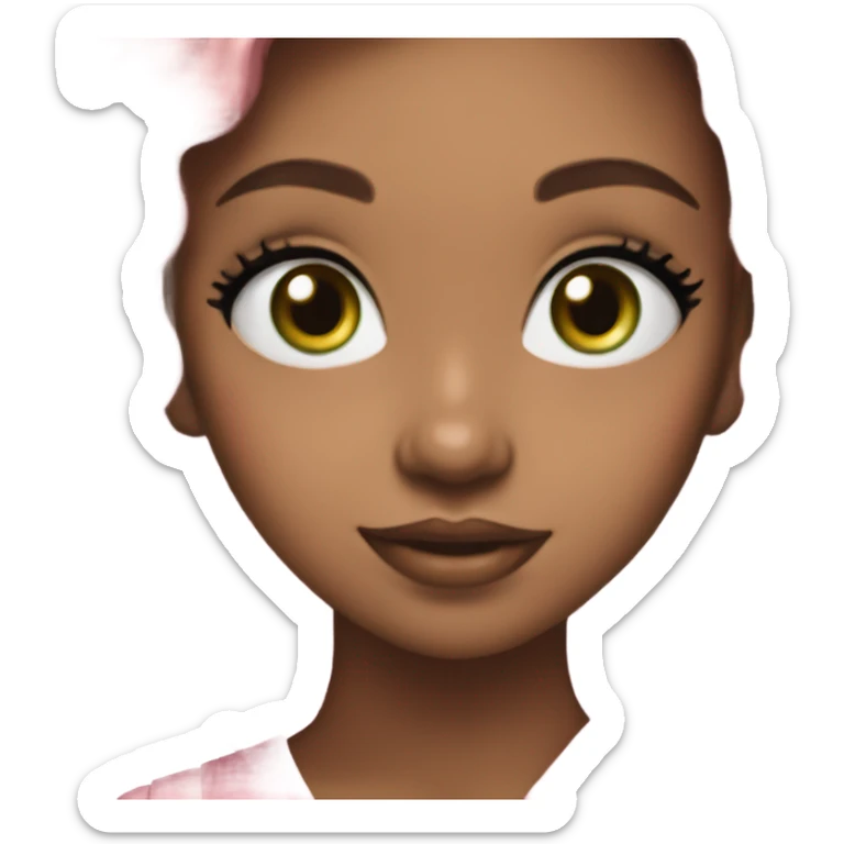 girl with brown hair and green eyes wearing a pink bow in her hair and she is smiling, she has white glitter eyeshadow sticker