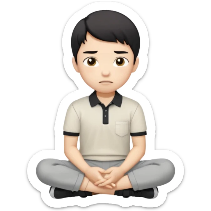 A cartoon young Asian boy with short black hair, light beige skin, and large expressive eyes, wearing a white polo shirt, gray pants, and black shoes. He sits cross-legged on the ground, one fist resting on his cheek, with a closed-mouth smirk. Clean lines, flat colors, solid black background. sticker