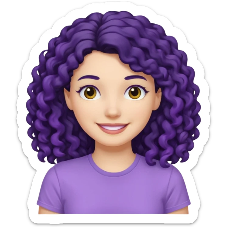 mujer blanca con cabello largo rizado negro sonriendo con camiseta lila sticker