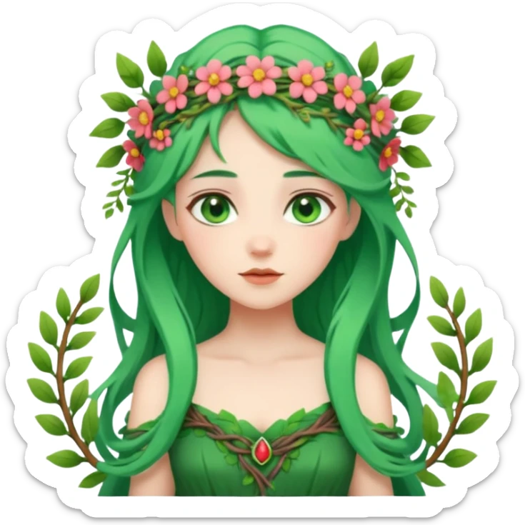 A forest princess with green hair, green eyes, wearing a wreath of flowers and branches sticker