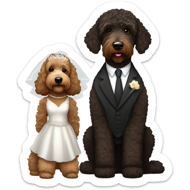 Black and brown bernadoodle in wedding dress and dark brown Australian labradoodle in suit sticker