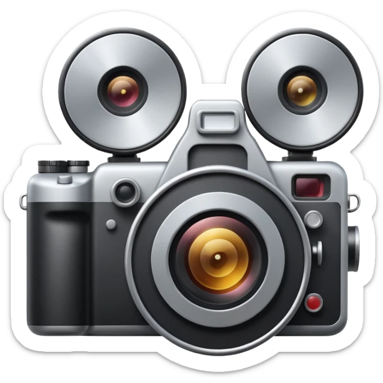 Minimal emoji icon of a huge cinematic metalic camera, front view, realistic lens, no gold sticker