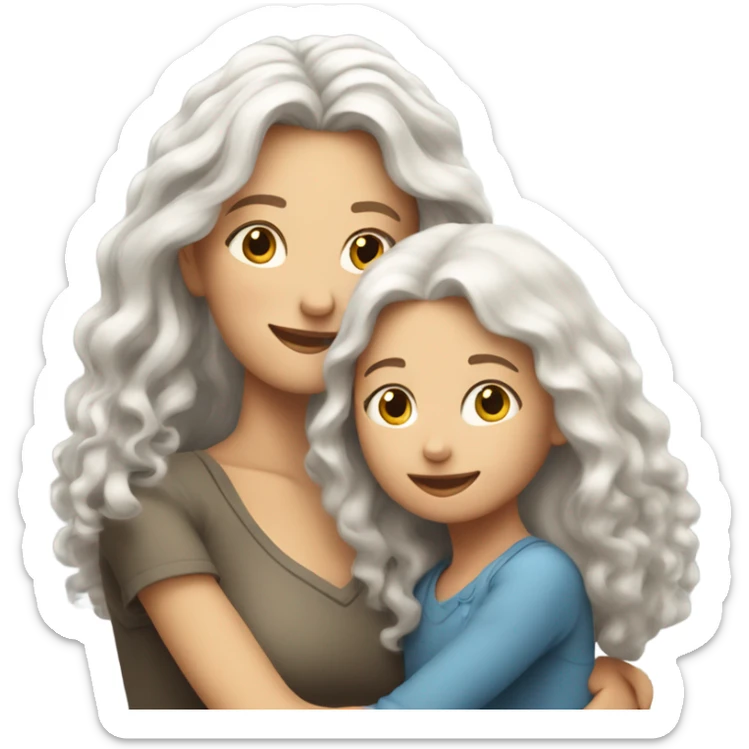mum with straight long White hair and daughter with long curly hair hugging sticker