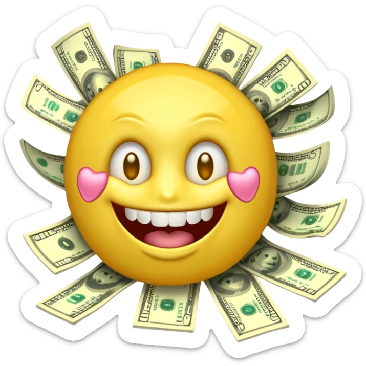 3D glossy emoji sticker, dollar-sign eyes, huge toothy grin, mouth stuffed with US dollar bills spilling out, floating banknotes, centered, transparent background sticker
