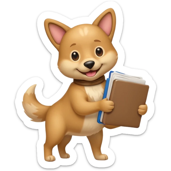 playful emoji dog carrying several resumes in its mouth, tail up, no hands, clean and iconic sticker