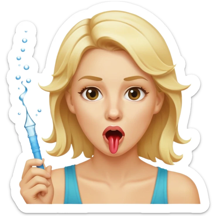 blond woman biting a skin-tone stick, water jet shooting from the stick into her mouth, surprised look sticker