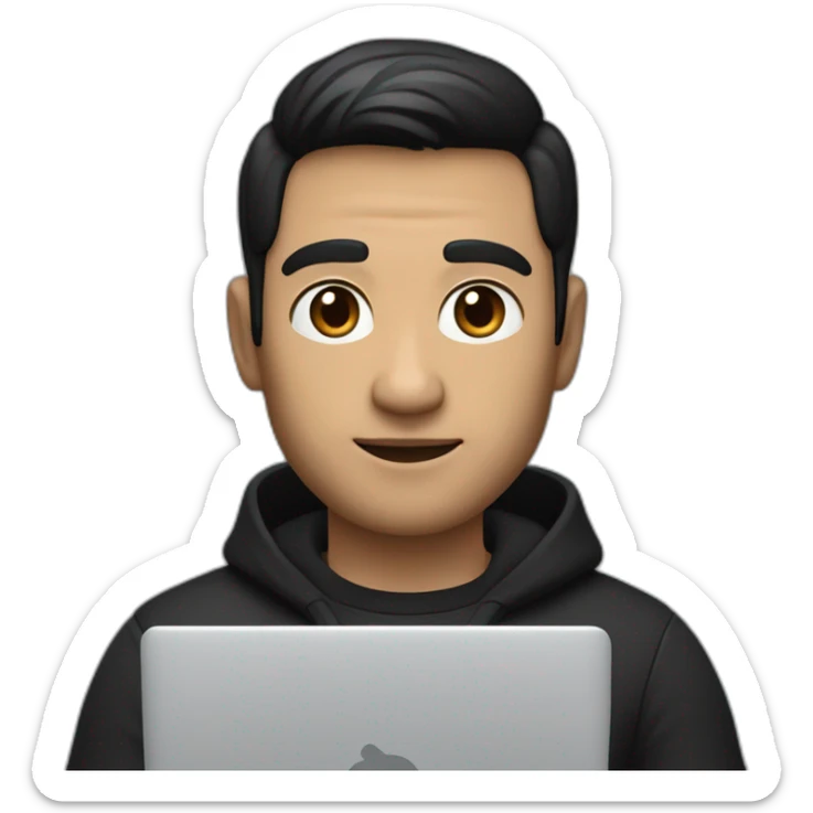     memoji of a man with a laptop in front, apple-style,modern,dark hair,black sweater,computer in hand, srilankan white skin, an avatar image gonna be round  sticker