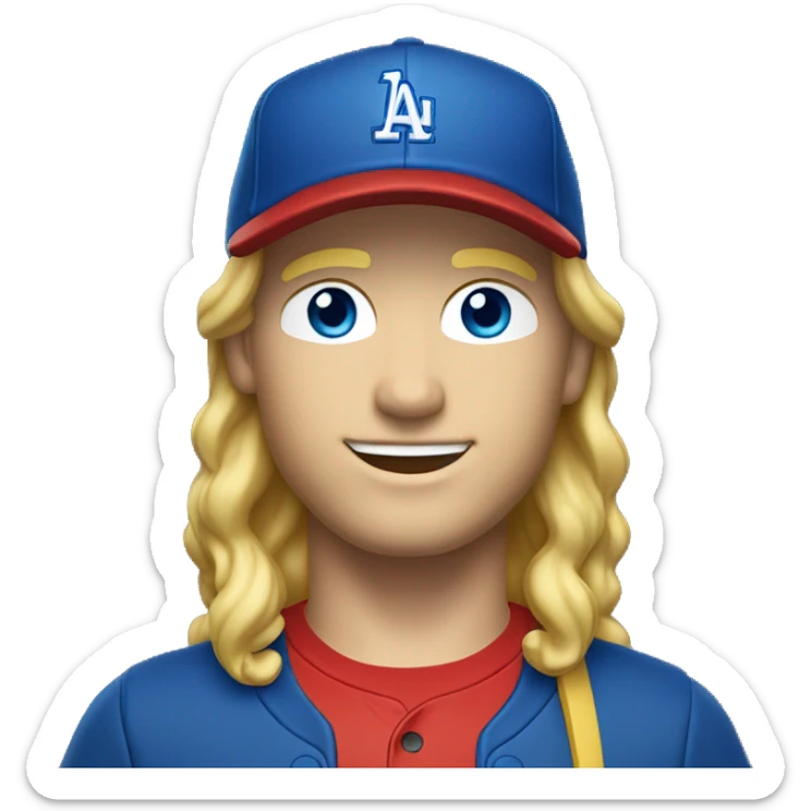 blonde wavy hair man with blue eyes and red t-shirt and sideways baseball cap full body sticker