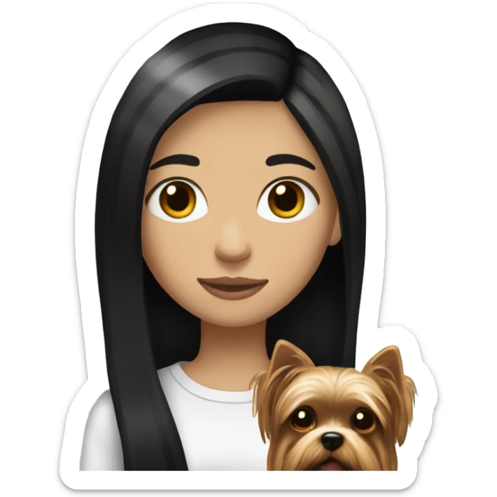 teenage white girl with black straight hair holding a yorkie dog sticker