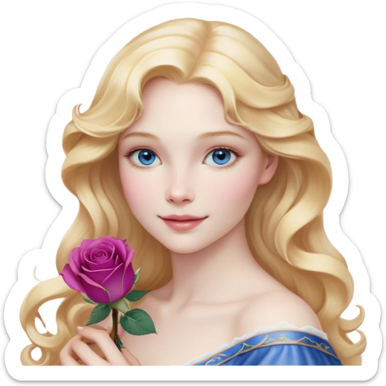 Cinematic Realistic Sleeping Beauty (Aurora) Portrait, with porcelain-like skin featuring a natural rosy flush, illuminated by soft lighting that highlights the gentle contours of her face. Her golden blonde hair flows in soft, detailed waves with subtle highlights that shimmer in the light. Her deep violet-blue eyes radiate warmth and innocence, framed by arched brows and long lashes. With a soft, serene smile, she holds a delicate rose gently in one hand, her other hand resting lightly by her side. She is dressed in her classic pink gown, the fabric rich in texture with delicate folds that catch the light. A golden crown rests atop her head, gleaming with royal refinement. The portrait captures a soft, glowing aura, blending realism with an ethereal sense of beauty and timeless enchantment. sticker