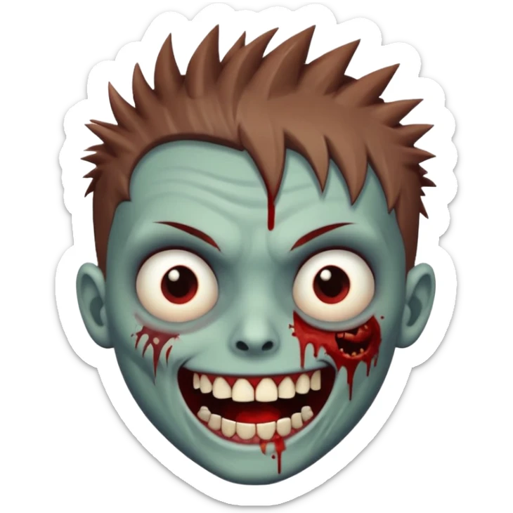 zombie boy with brown short spiky hair, white skin, and white eyes; an open smile, and bloodied teeth; sticker