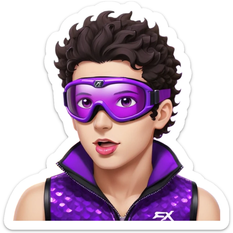 close-up of cool guy male athlete with white skin and moderately curly dark brown hair on top with shaved sides, with one purple ski goggle lens pushed up above his eyes on his forehead, sticking his tongue out of his mouth, a simple plain black chain necklace, and a completely unzipped sleeveless vest with purple and black sequin fire pattern design with no logo sticker