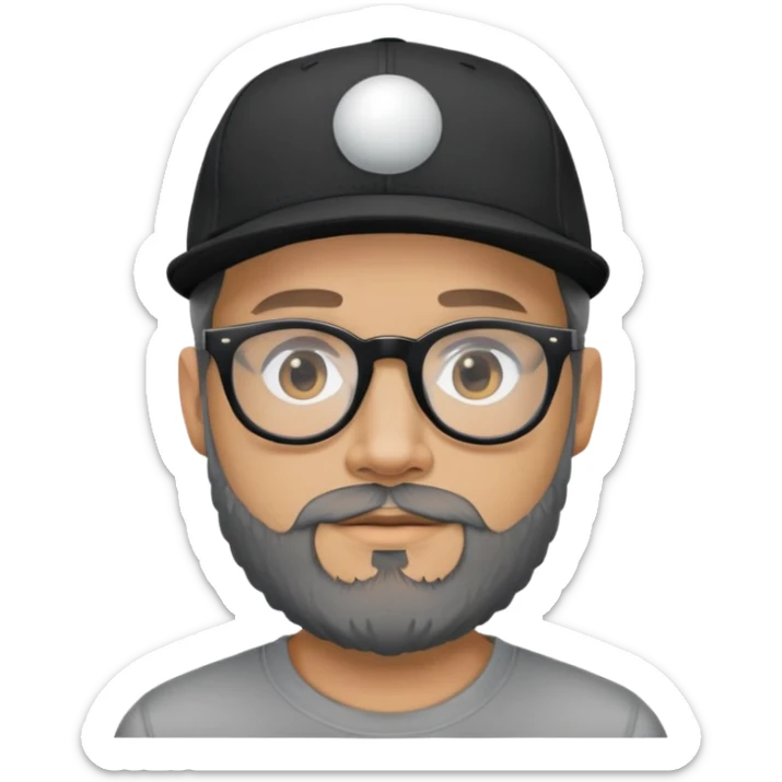 A light skin man with a beard that has grey in the chin. He is wearing wayfair glasses and a black ball cap sticker