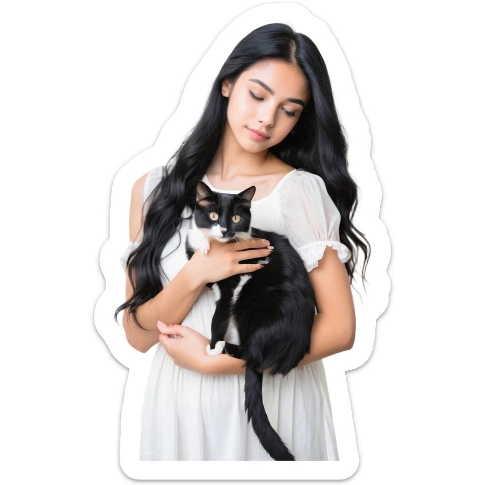 Beautiful girl with long black hair hugs a gray and blond mixed breed cat sticker