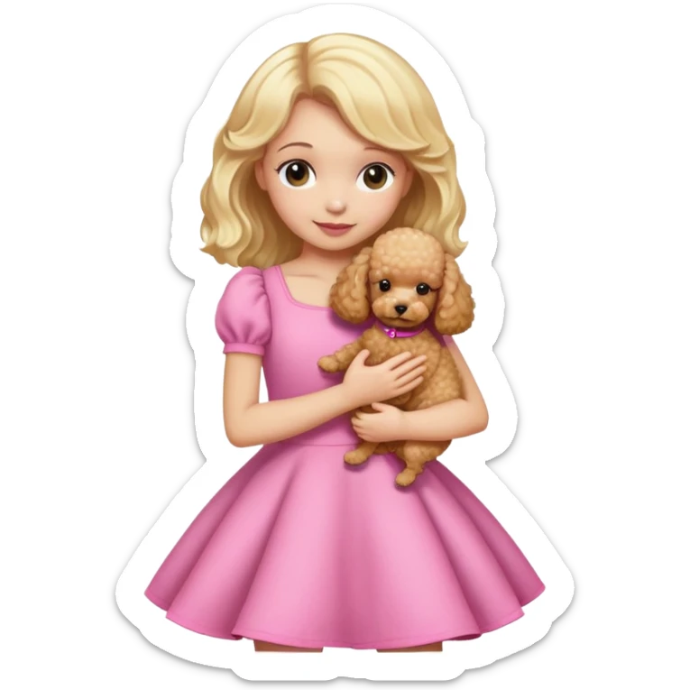 blonde girl light skin wearing a pink dress hugs her toy poodle sticker