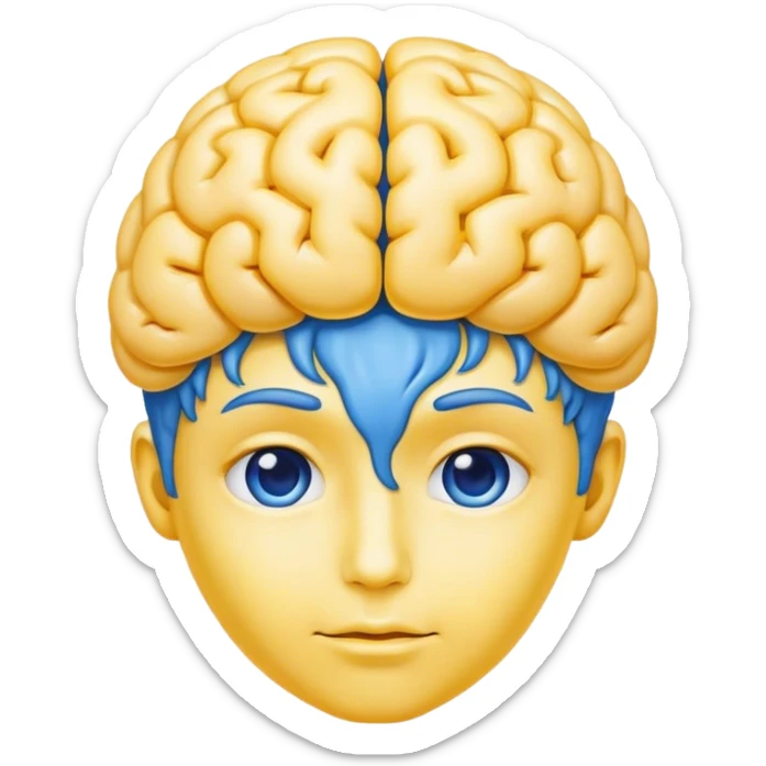 Adult person face emoji with a blue brain for hair and yellow skin sticker