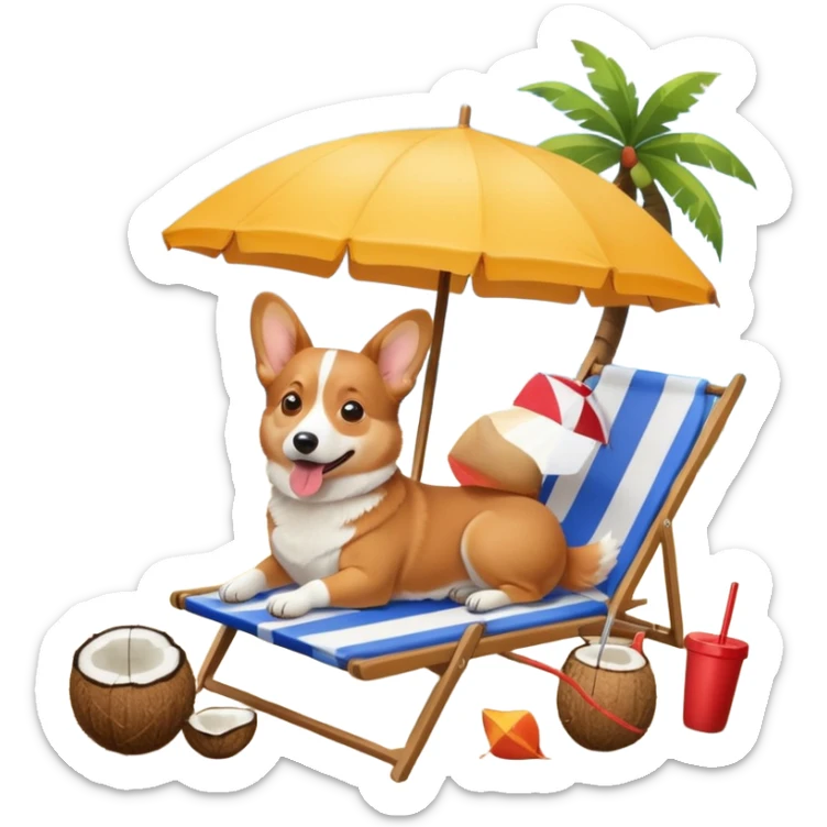a corgi dog laied on a beach chair, a sunny beach, a sun umbrella, and beach coconut trees. the icon should capture the essence of a relaxing beach vacation with a carefree atmosphere sticker