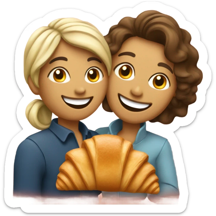 a happy woman and a man are friends and holding a croissant sticker