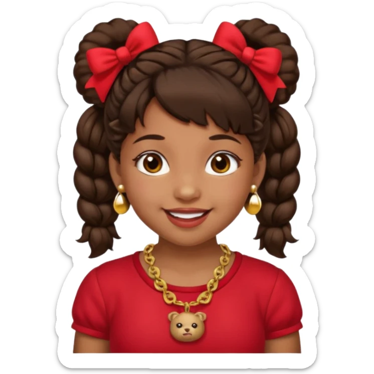 Brownskin girl dark brown hair fluffy. pigtails with red bows brown eyes smiling closed mouth red shirt gold esrrings gold necklace sticker
