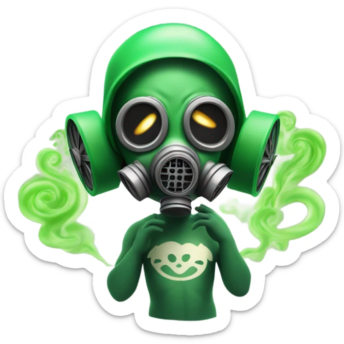 An emoji of a small Cupid wearing a gas mask, looking shocked with a green smell wave in the background. sticker