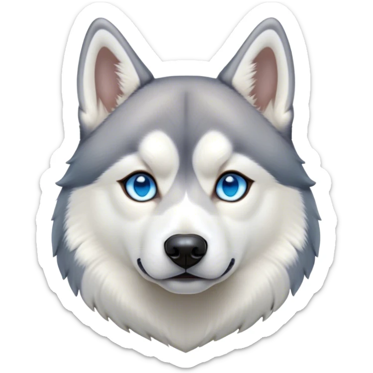 Cinematic Noble Siberian Husky Portrait Emoji, Poised and regal, with a strong, athletic build and a thick, well-groomed grey and white coat, piercing icy blue eyes, Simplified yet sharp and sophisticated features, highly detailed, glowing with a cool, dignified glow, high shine, intelligent and spirited, stylized with an air of endurance, focused and attentive, soft glowing outline, capturing the essence of a watchful and commanding sled dog, so majestic it feels as though it could sprint out of the screen with effortless authority! sticker