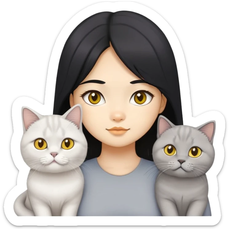 asian black hair girl,  with four cat , grey British Shorthair, yellow British Longhair, White Longhair, white British longhair.  sticker