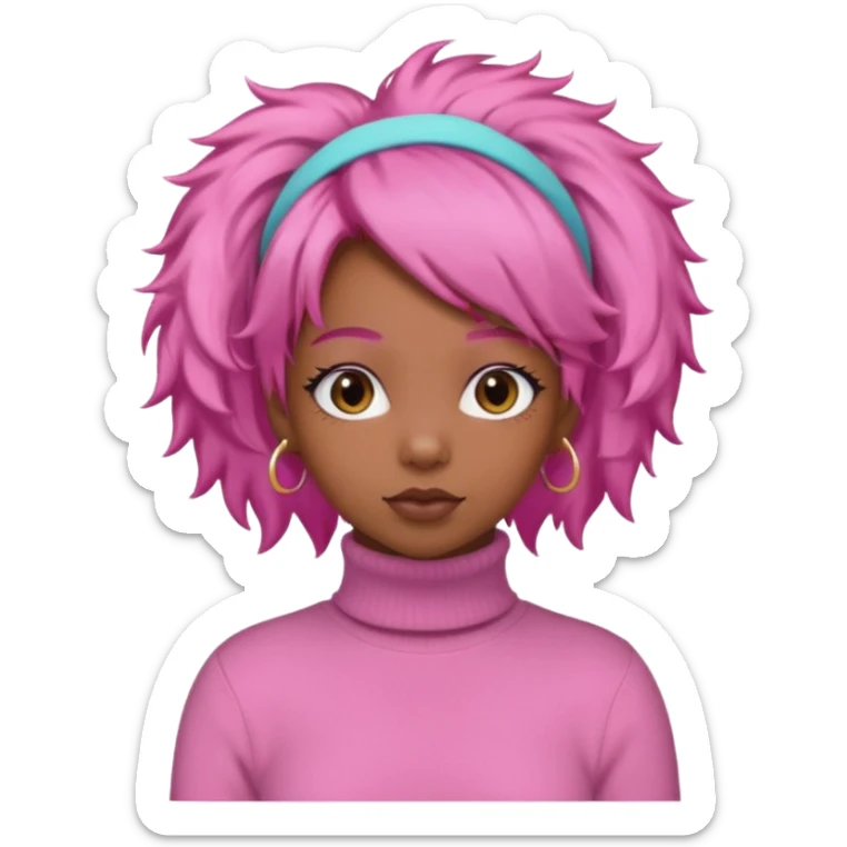 black fluffy haired girl with pink turtleneck sweater and pink hair band sticker