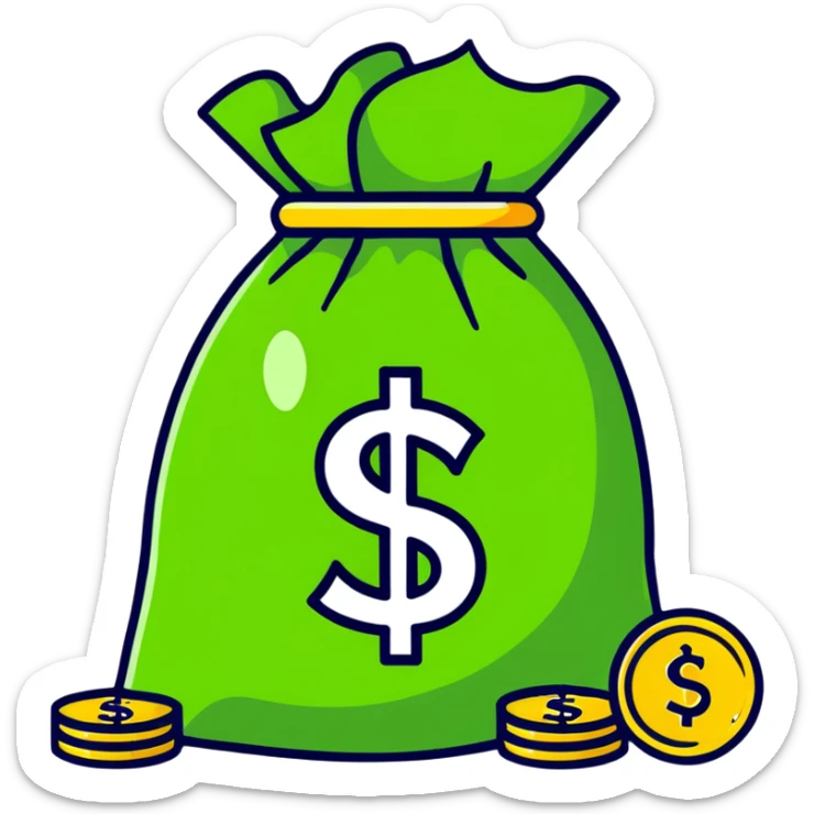 cartoonish sticker of a money bag with gold coins sticker