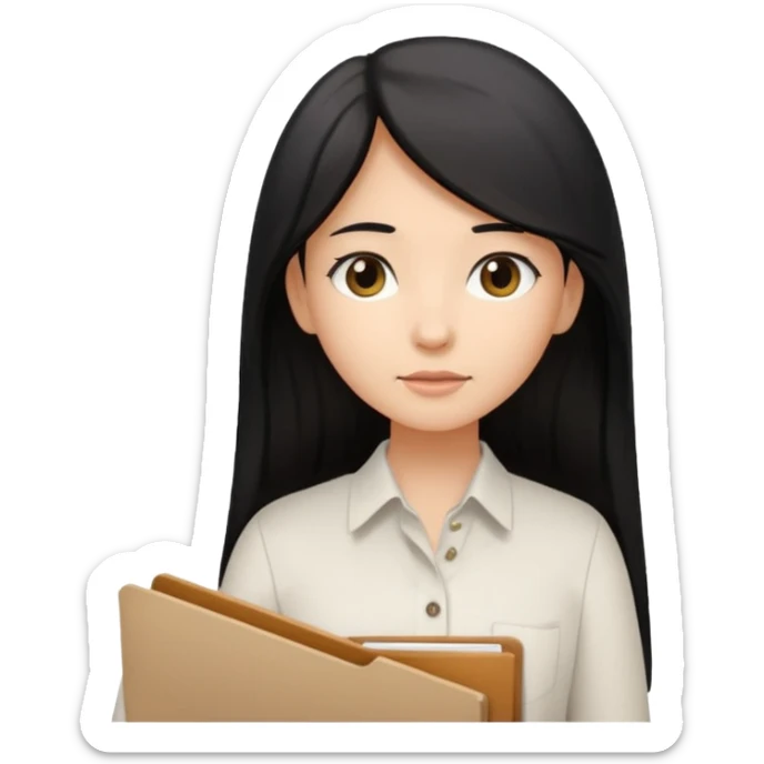 a light tan woman with long black hair past mid-back, round brown eyes, white button up shirt. holding manila folder sticker
