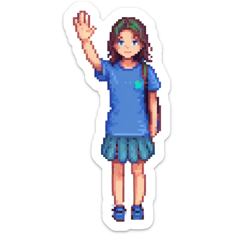 The face of an activist girl waving her hand in a blue T-shirt sticker