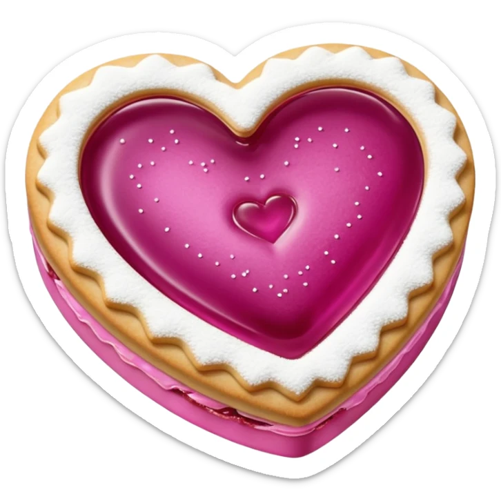 Realistic shortbread cookie in the shape of a heart with light margenta jelly middle filling and sprinkled powder sugar on top. sticker