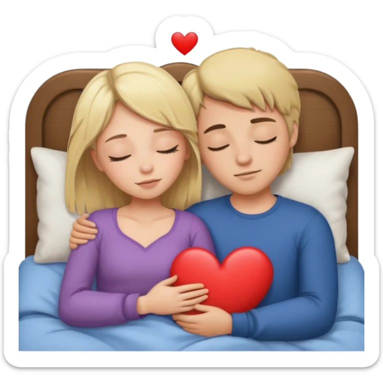 cuddling in bed, asleep. blonde girl. brunette man. eyes closed. heart between them. no headboard sticker
