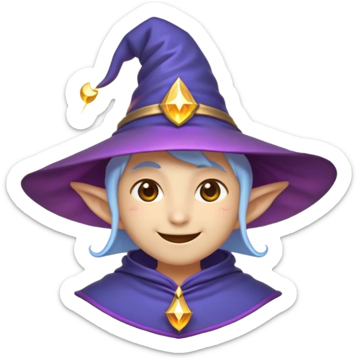 Clash of Clans aesthetic Playful Mage Portrait Emoji, Head tilted with a mischievous glimmer and subtle enchanting smile, featuring a compact, gracefully robed form with a pointed wizard hat and twinkling eyes in natural skin tone, Simplified yet irresistibly charming features, highly detailed, glowing with a warm, inviting magical glow, high shine, spirited and imaginative, stylized with a touch of whimsical sorcery, soft glowing outline, capturing the essence of a playful mage exuding friendly arcane wonder! sticker