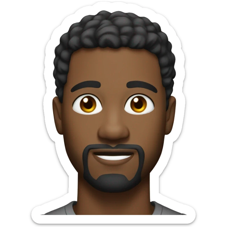 A head and shoulders shot of a 34 year old Black man, with short black hair, with goatee facial hair,   with brown eyes wearing a t-shirt. sticker
