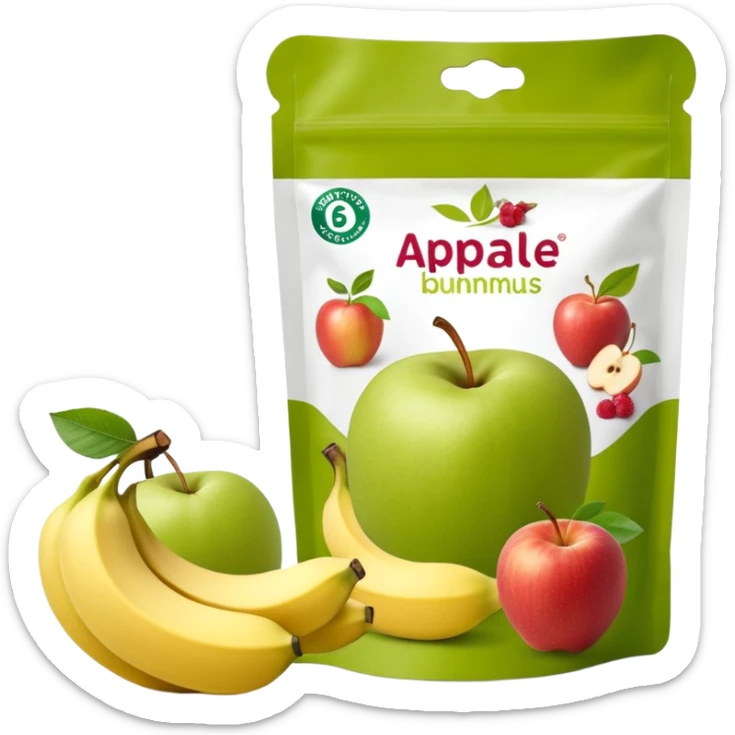 Ein weicher, bunter Standbeutel für Kinder, gefüllt mit püriertem Obstmus. Oben hat er einen kleinen wiederverschließbaren Schraubverschluss, aus dem Kinder direkt trinken oder saugen. Verpackung wie Babynahrung-Beutel aus dem Supermarkt, mit fröhlichem Obst-Design (Apfel, Banane, Erdbeere). sticker